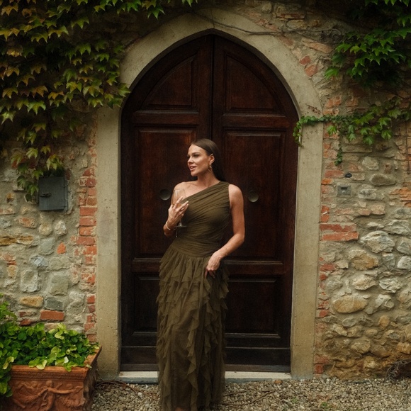 Lace & Beads One Shoulder Waterfall Ruffle Maxi Dress - Picture 2 of 2